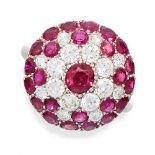 A VINTAGE RUBY AND DIAMOND RING, 1950s in platinum, of circular bombe design, set with circular