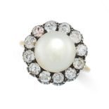 AN ANTIQUE NATURAL PEARL AND DIAMOND RING in 18ct yellow gold, set with a pearl of 10.1mm in a