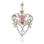 A BELLE EPOQUE PINK SAPPHIRE, PEARL AND DIAMOND PENDANT, EARLY 20TH CENTURY in platinum and yellow