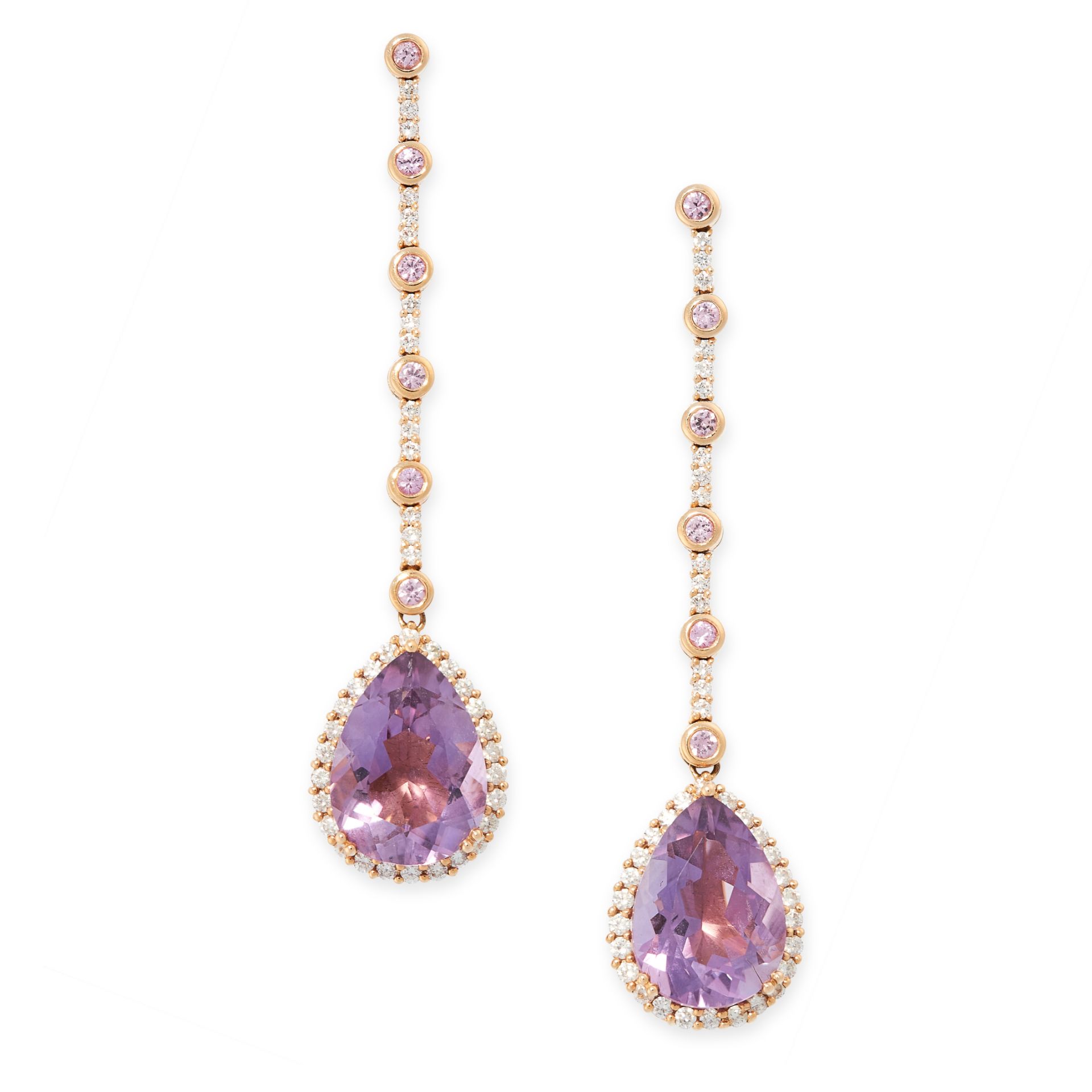 A PAIR OF AMETHYST, PINK SAPPHIRE AND DIAMOND EARRINGS each set with a pear cut amethyst is a border