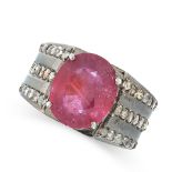 A RUBY AND DIAMOND RING set with an oval cut ruby of 5.06 carats between three rows of rose cut
