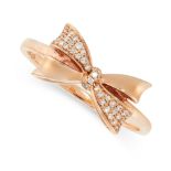 A DIAMOND BOW RING in 18ct rose gold, in the form of a ribbon tied in a bow, set with round cut