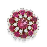 A BURMA NO HEAT RUBY AND DIAMOND RING in yellow gold, the circular face set with a central ruby of