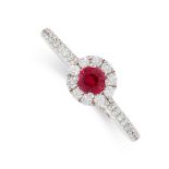 A PINK SPINEL AND DIAMOND RING in 18ct white gold, set with a round cut pink spinel in a cluster