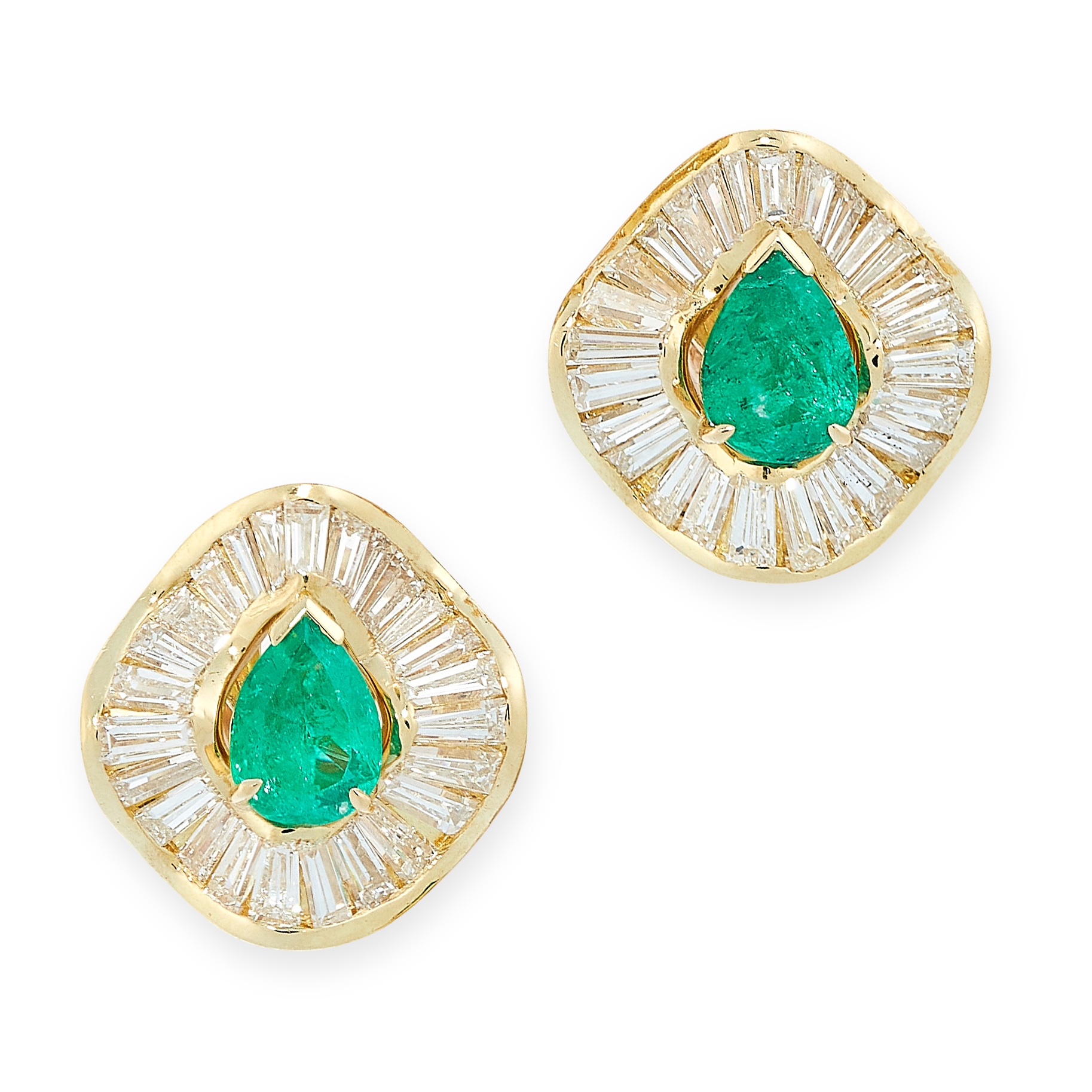 A PAIR OF COLOMBIAN EMERALD AND DIAMOND EARRINGS in 18ct yellow gold, each set with pear cut