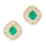 A PAIR OF COLOMBIAN EMERALD AND DIAMOND EARRINGS in 18ct yellow gold, each set with pear cut
