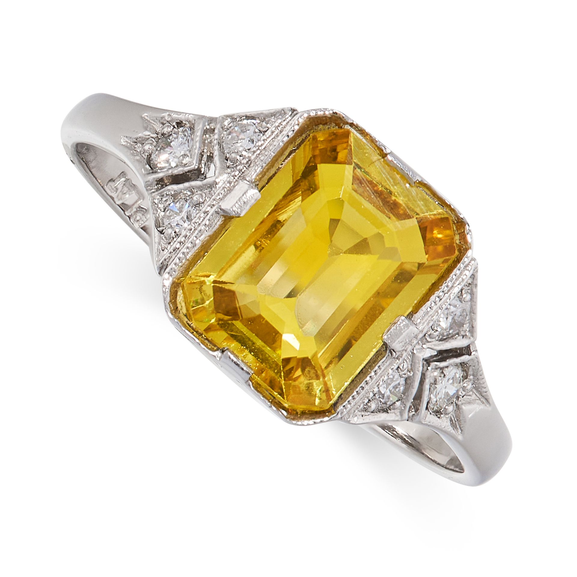 A YELLOW SAPPHIRE AND DIAMOND RING in platinum, set with an emerald cut yellow sapphire of 2.00
