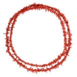 VINTAGE CORAL SAUTOIR NECKLACE comprising a single row of coral twigs, unmarked, 108.0cm, 58.6g.