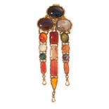 AN ANTIQUE AGATE CHATELAINE CLIP BROOCH, 19TH CENTURY set with a trio of polished agate cabochon,