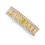 A YELLOW AND WHITE DIAMOND RING in 18ct white gold, set with a central row of radiant cut yellow