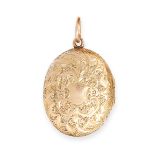 AN ANTIQUE LOCKET PENDANT, 19TH CENTURY in yellow gold, the hinged oval body decorated with engraved