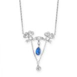 AN ANTIQUE SAPPHIRE AND DIAMOND PENDANT NECKLACE formed of ribbon tied as a bow, set with old cut