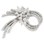 A DIAMOND BROOCH, 1960s in platinum, designed as an abstract ribbon scroll of baguette diamonds,