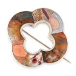 AN ANTIQUE AGATE BROOCH in silver, in the form of a clover, set with eight pieces of variously