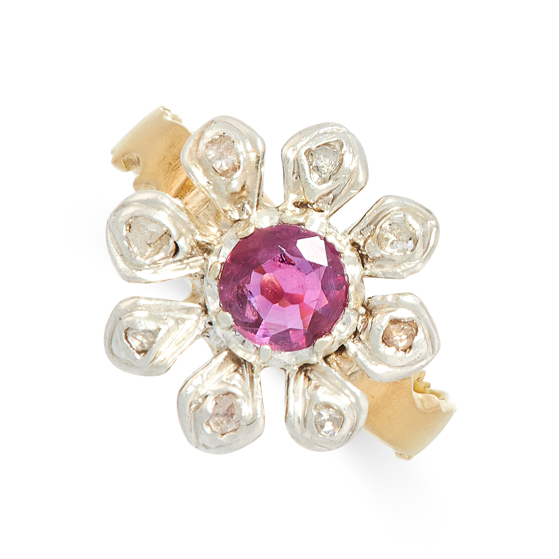 A RUBY AND DIAMOND RING in floral design, set with a central round cut ruby of 0.47 carats with rose
