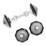 A PAIR OF ROCK CRYSTAL, DIAMOND AND ONYX CUFFLINKS each link set with a central round cut diamond,