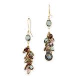 A PAIR OF TOURMALINE, AMETHYST AND SAPPHIRE EARRINGS in yellow gold, each formed of a cluster of