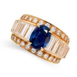 *** CHARITY *** A SAPPHIRE AND DIAMOND DRESS RING in yellow gold, the tapering band set with an oval