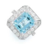 AN AQUAMARINE AND DIAMOND RING set with an emerald cut aquamarine of 5.54 carats in an octagonal