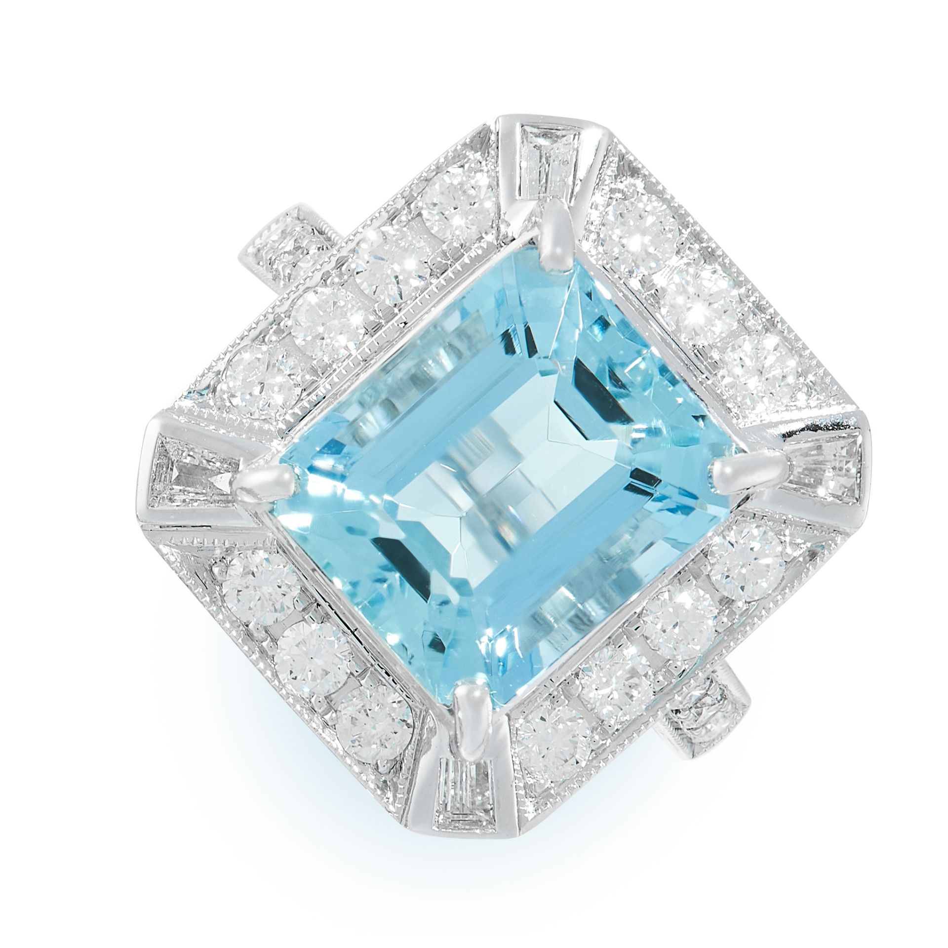 AN AQUAMARINE AND DIAMOND RING set with an emerald cut aquamarine of 5.54 carats in an octagonal