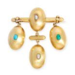 AN ANTIQUE TURQUOISE AND PEARL HAIRWORK MOURNING BROOCH in yellow gold, comprising of four oval