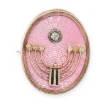 AN ANTIQUE RUSSIAN ENAMEL AND DIAMOND BROOCH, HAHN 1899-1908 in 14ct yellow gold, of oval form,