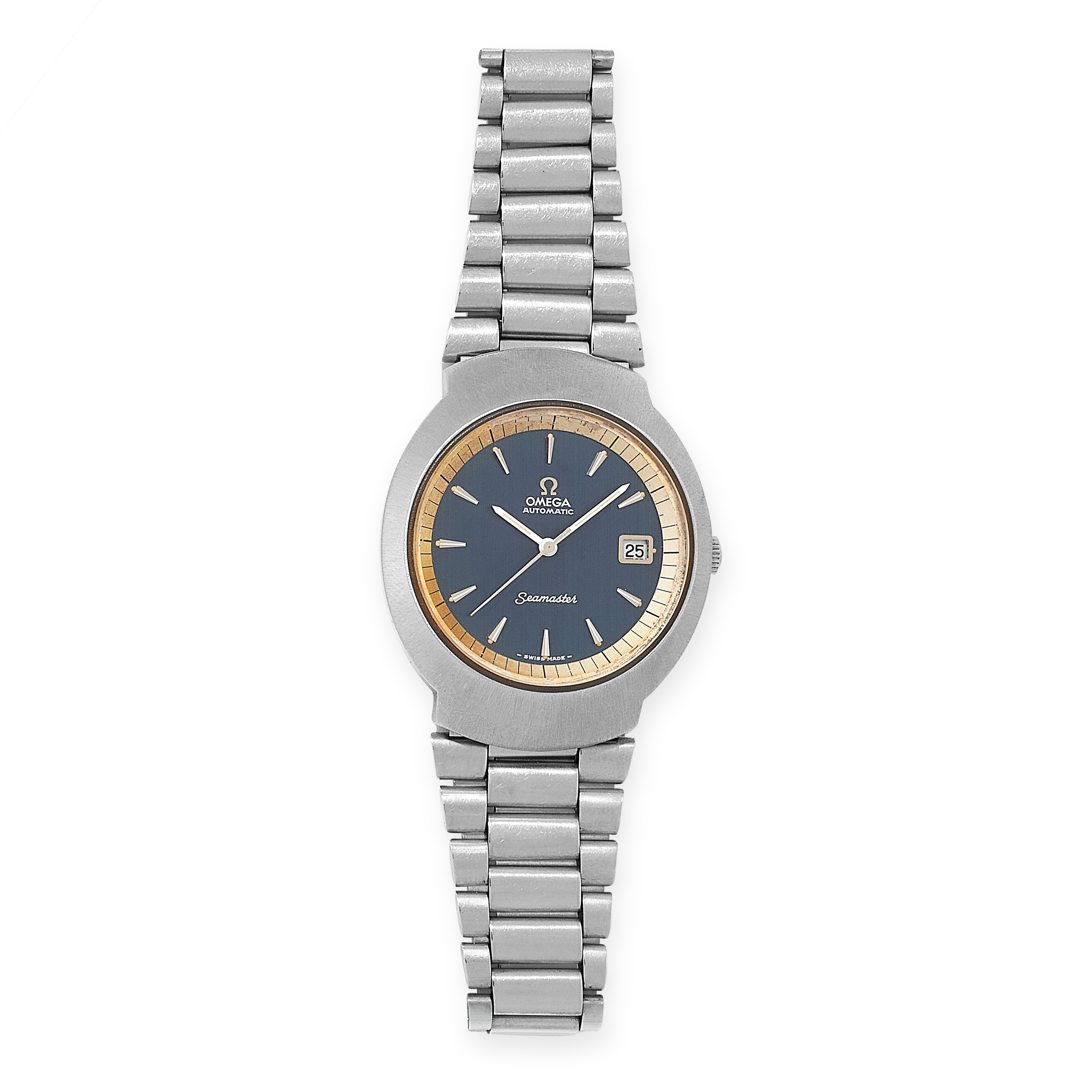 A OMEGA SEAMASTER WRIST WATCH, 1970 with blue dial and metal strap, 18.0cm, 101.7g.