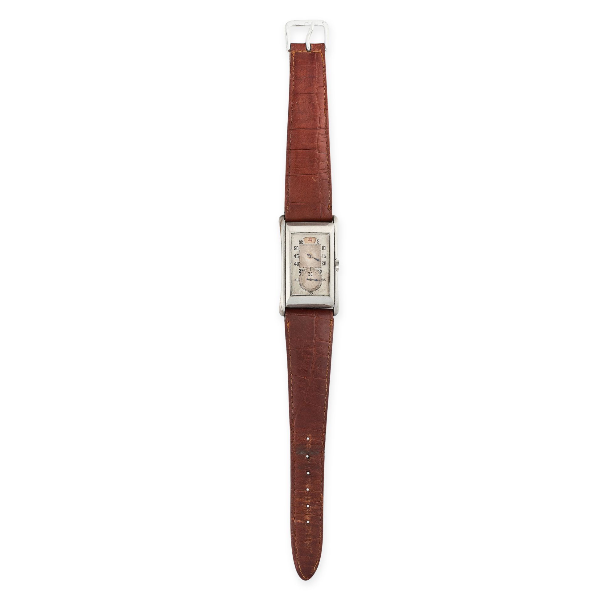 A VINTAGE ROLEX PRINCE WRIST WATCH with rectangular grey dial and brown leather strap, 23.5cm, 35.