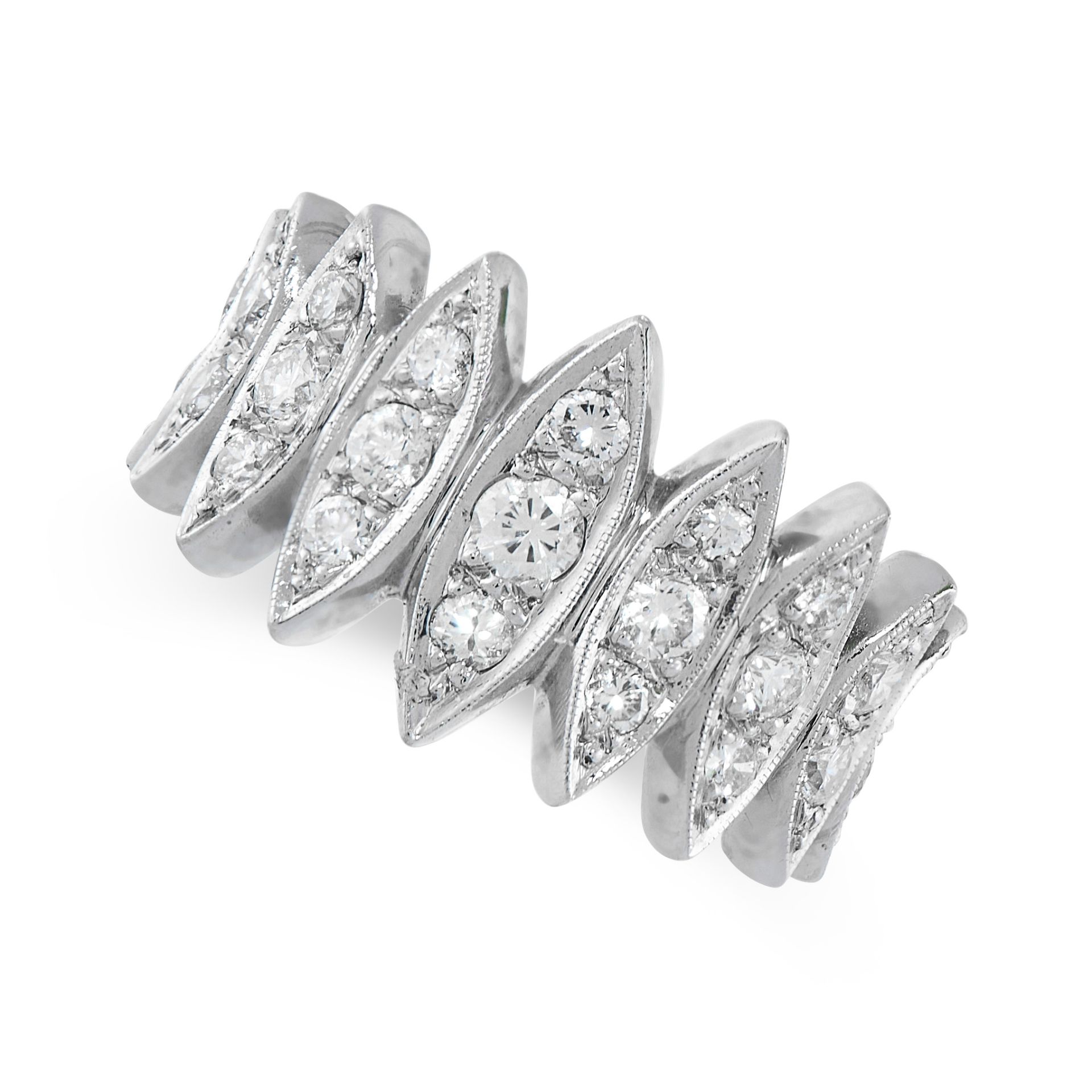 A DIAMOND ETERNITY RING composed of graduated navette-shaped motifs pave-set with round cut diamonds