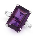 AN AMETHYST AND DIAMOND RING in platinum, set with an octagonal cut amethyst of 9.67 carats