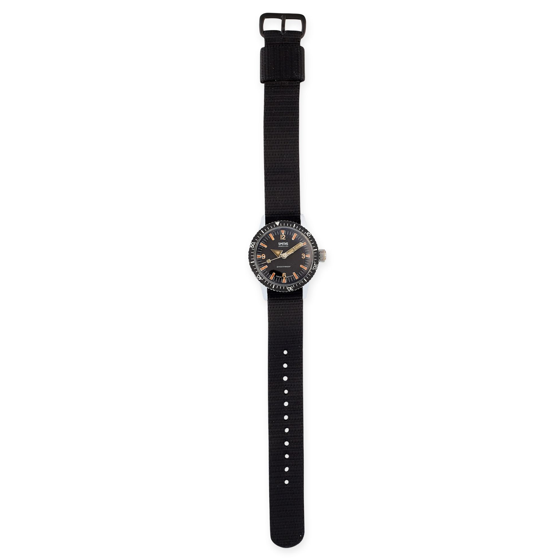 A SMITHS WRIST WATCH with black dial and black fabric strap, 24.0cm, 32.8g.