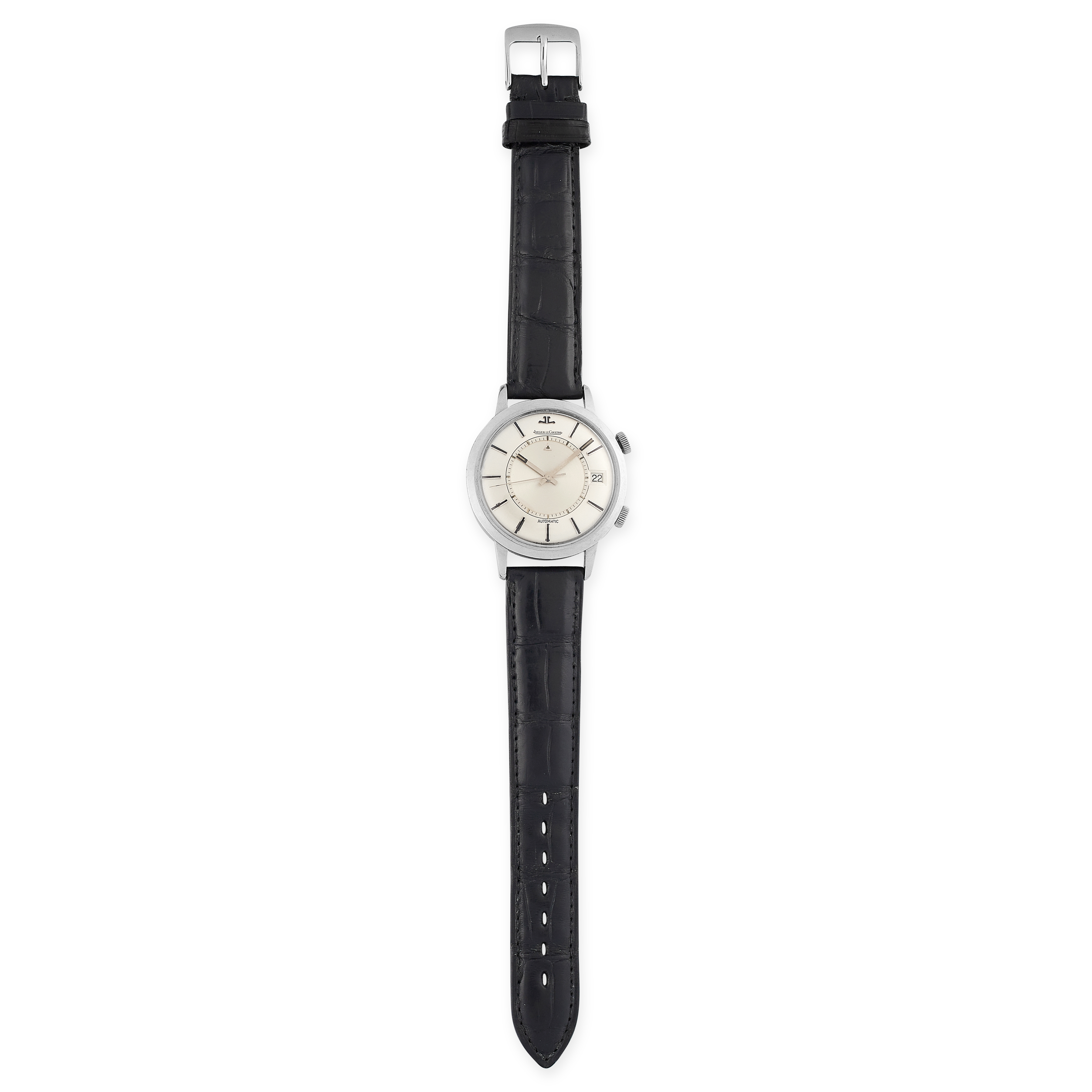 A JAGER LE COULTRE MEMOVOX WRIST WATCH with white dial and black leather strap, 24.0cm, 50.4g.