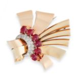A RETRO BURMA NO HEAT RUBY AND DIAMOND CLIP BROOCH in yellow gold, designed as a fan, set with six