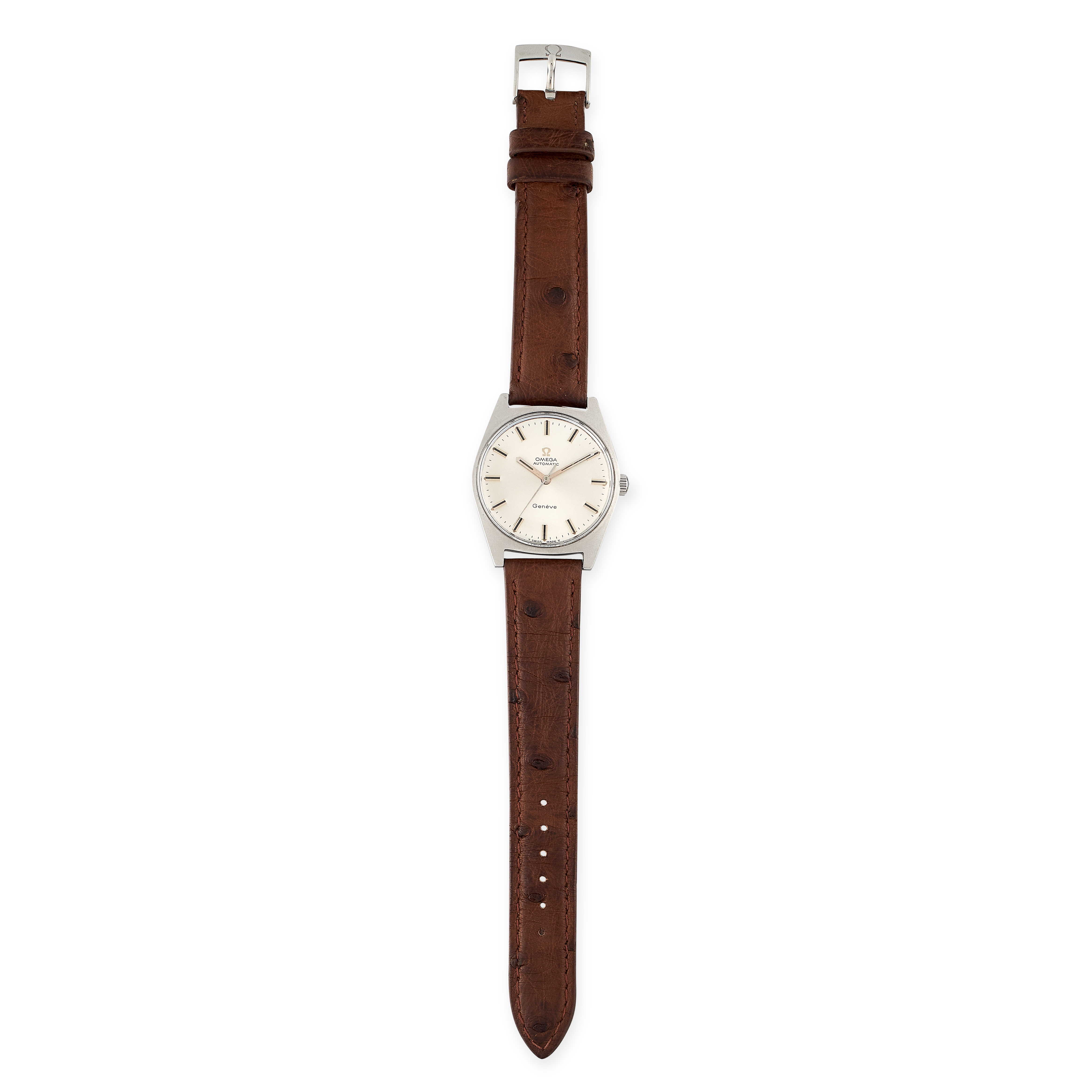 A OMEGA GENEVE WRIST WATCH with white dial and brown leather strap, 23.5cm, 43.2g.