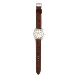 A OMEGA GENEVE WRIST WATCH with white dial and brown leather strap, 23.5cm, 43.2g.