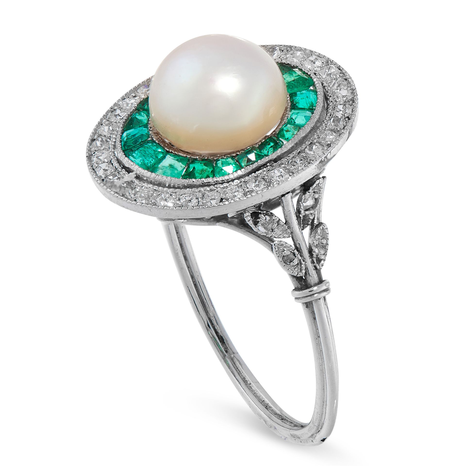 AN ART DECO NATURAL PEARL, EMERALD AND DIAMOND RING, CIRCA 1925 in platinum, in target design, set - Image 2 of 2