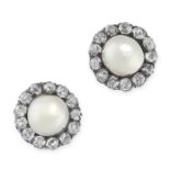 A PAIR OF ANTIQUE NATURAL PEARL AND DIAMOND STUD EARRINGS in yellow gold and silver, in cluster