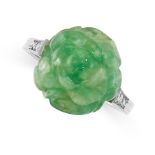 AN ART DECO JADEITE JADE AND DIAMOND RING, CIRCA 1930 in 18ct white gold and platinum, set with a