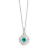 AN EMERALD AND DIAMOND PENDANT AND CHAIN in 18ct white gold, set with a round cut emerald in a