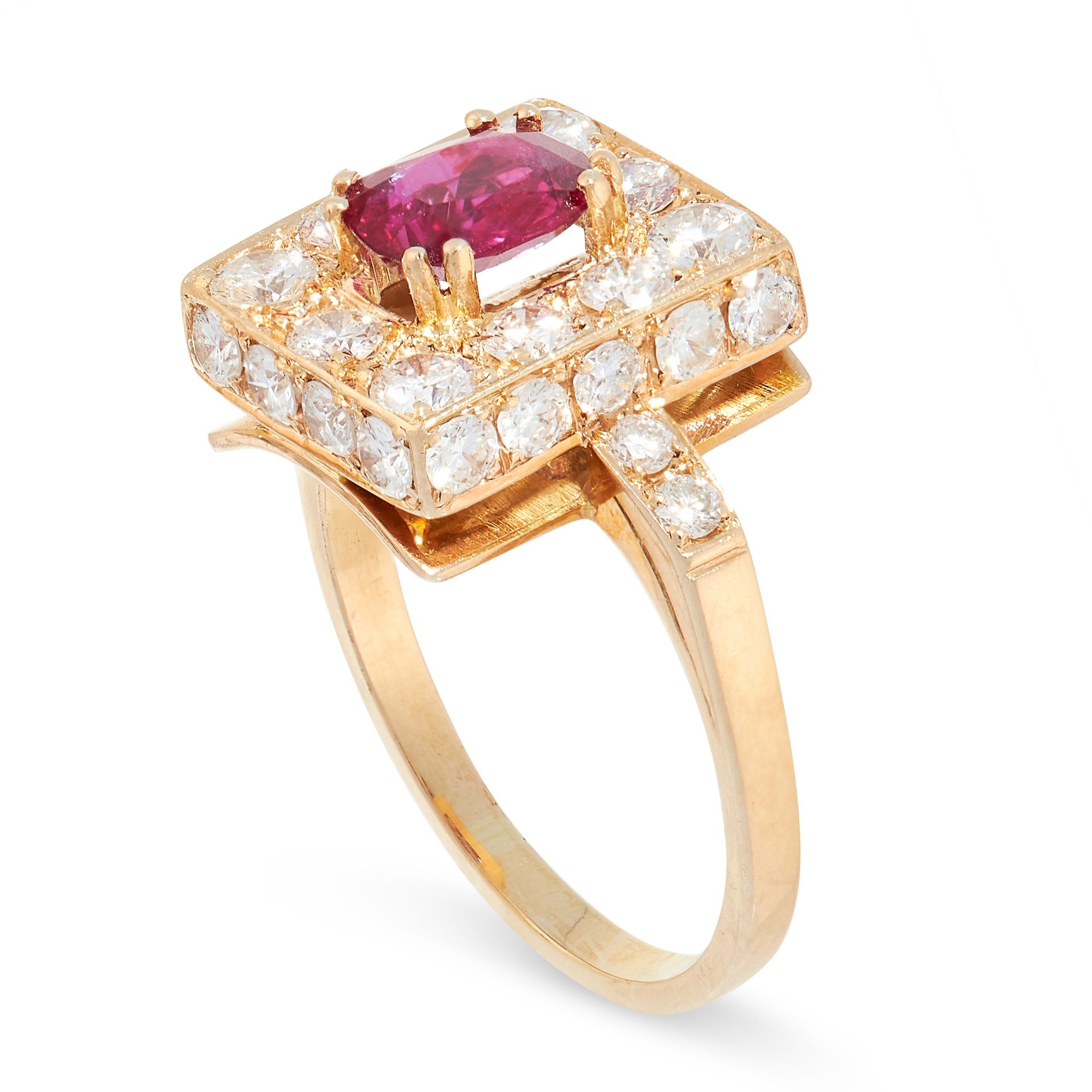 AN UNHEATED RUBY AND DIAMOND RING the rectangular face set with an oval cushion cut ruby of 1.38 - Image 2 of 2