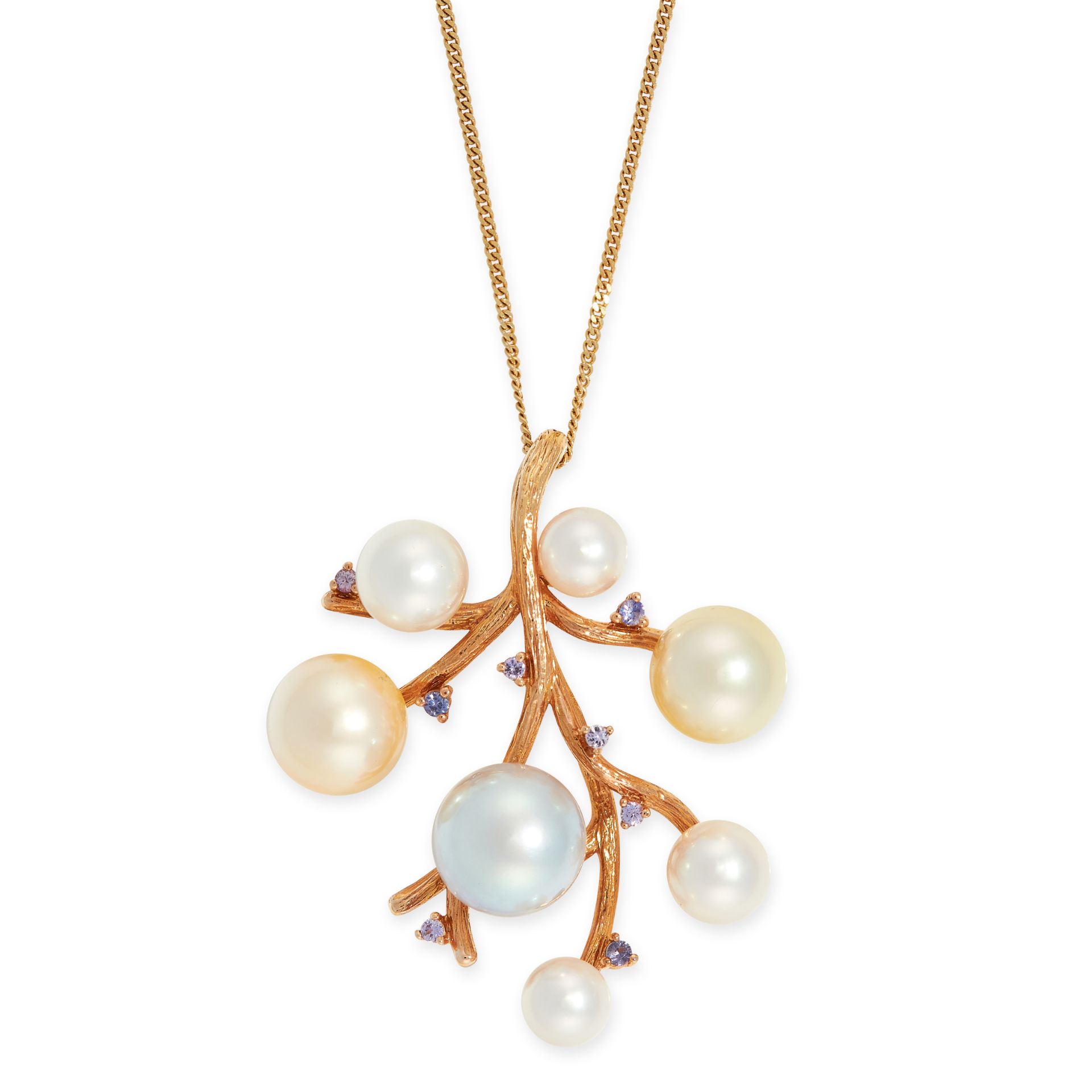A PEARL AND SAPPHIRE PENDANT AND CHAIN in 18ct yellow gold, in the form of a tree, set with seven
