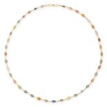 A MULTICOLOUR SAPPHIRE CHAIN NECKLACE in yellow gold, comprising of a single row of oval cut