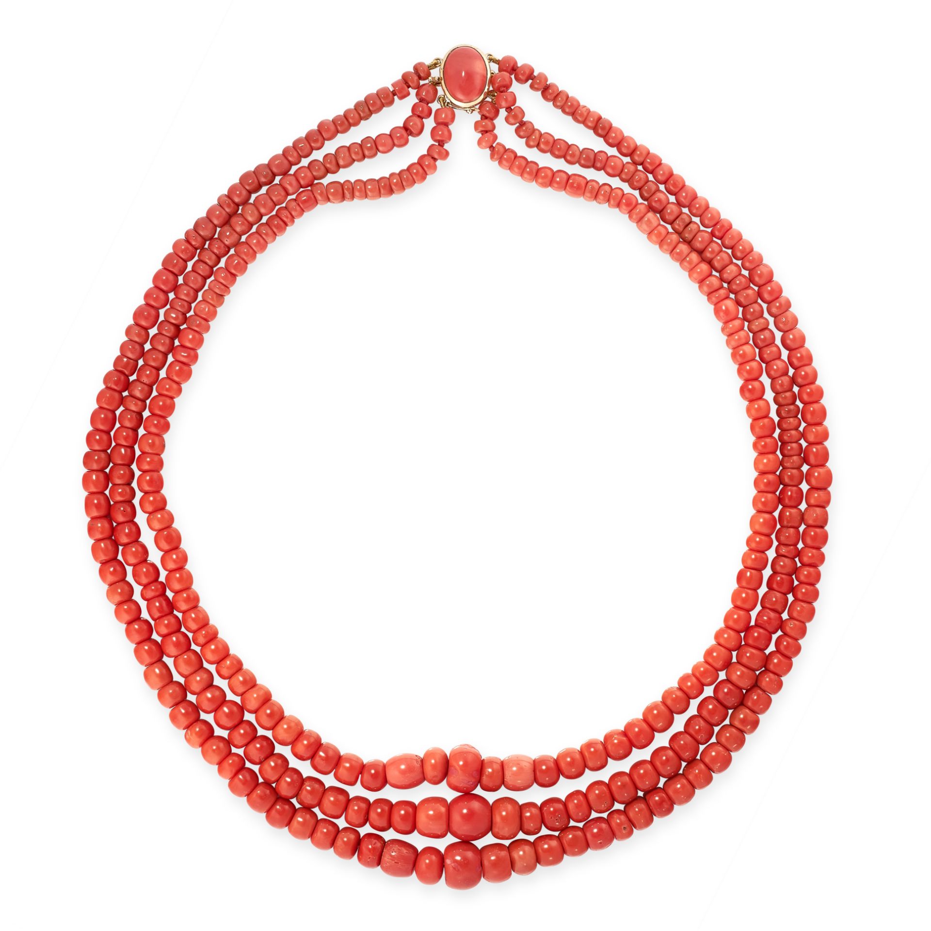 A CORAL BEAD NECKLACE comprising three rows of graduated coral beads ranging from 6.1mm-13.3mm, with