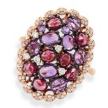 A SAPPHIRE AND DIAMOND RING in 18ct rose gold, set with rose cut purple sapphires, accented by