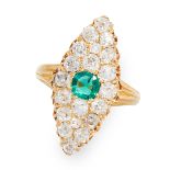 AN ANTIQUE EMERALD AND DIAMOND RING in 18ct yellow gold, the navette face set with a central cushion