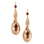 A PAIR OF GARNET EARRINGS in yellow gold, each set with an oval drop set with a pear and round cut