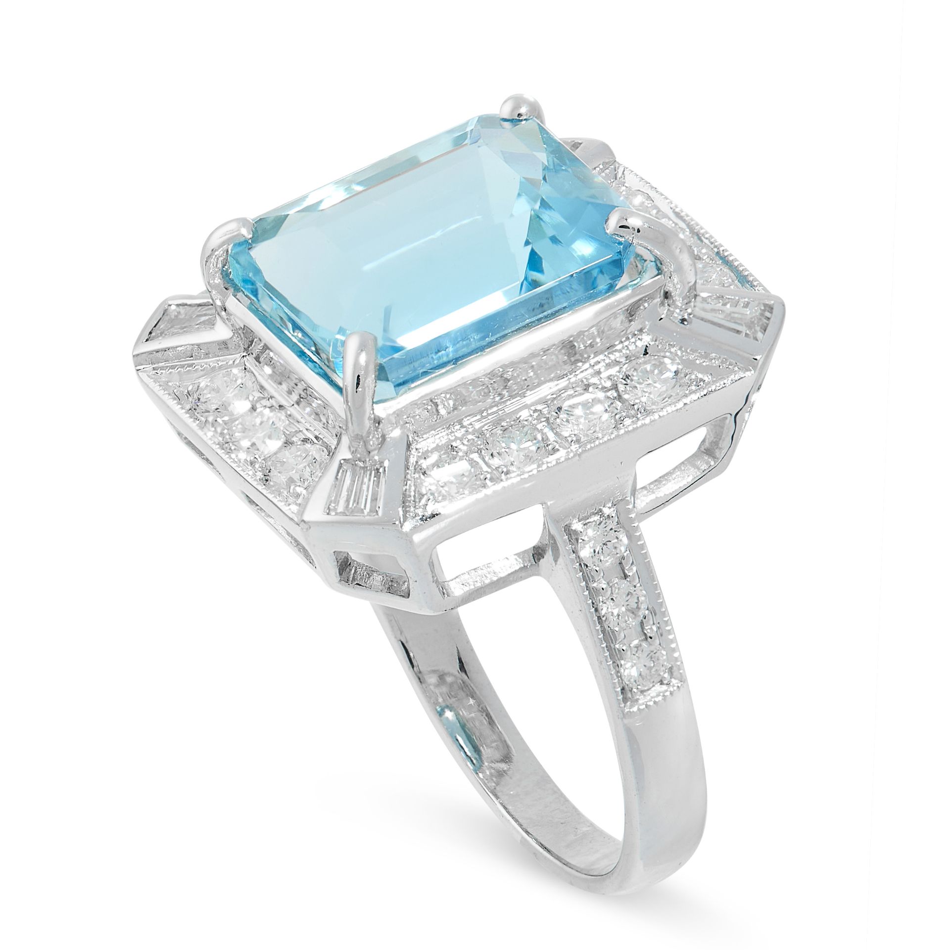 AN AQUAMARINE AND DIAMOND RING set with an emerald cut aquamarine of 5.54 carats in an octagonal - Image 2 of 2