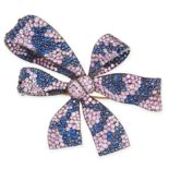 A PINK AND BLUE SAPPHIRE BROOCH in 18ct yellow gold and silver, designed as a ribbon tied in a