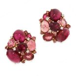 A PAIR OF PINK TOURMALINE AND DIAMOND EARRINGS in high carat yellow gold, each formed of a cluster