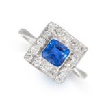 AN ART DECO SAPPHIRE AND DIAMOND RING the square face is set with a cushion cut sapphire of 1.11